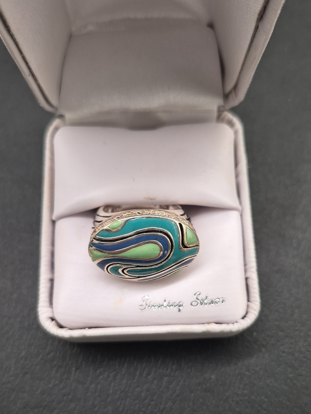 Sterling Silver Turquoise & Mint Swirl Enamel Ring